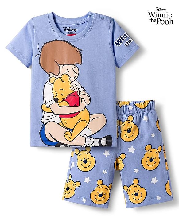 Babyhug Disney Single Jersey Knit Half Sleeves Shorts Night Suit With Winnie & Friends Graphics - Light Blue