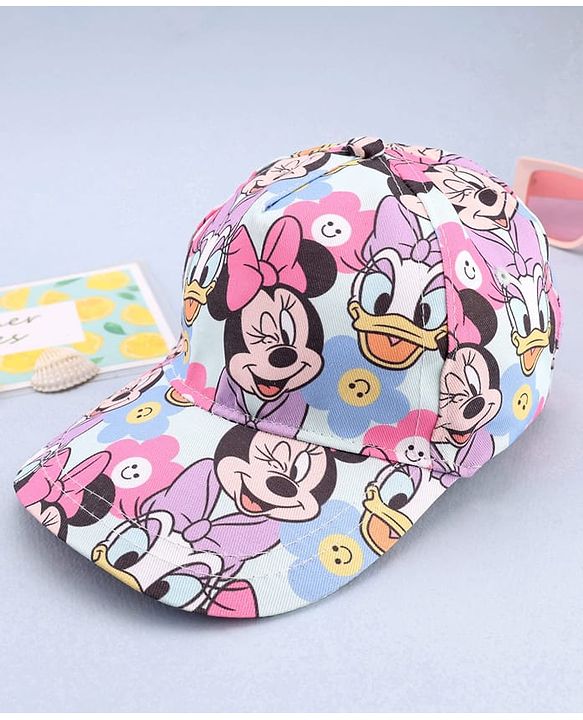 Babyhug Disney Cotton Woven Summer Cap With Minnie Mouse Print Blue - Diameter 16.5 cm