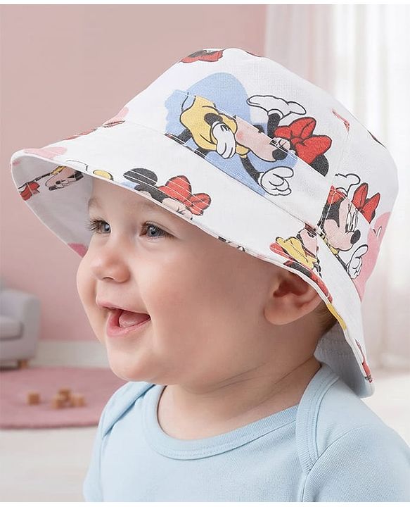 Babyhug Disney Cotton Woven Summer Cap with Minnie Mouse Print White - Diameter 23 cm