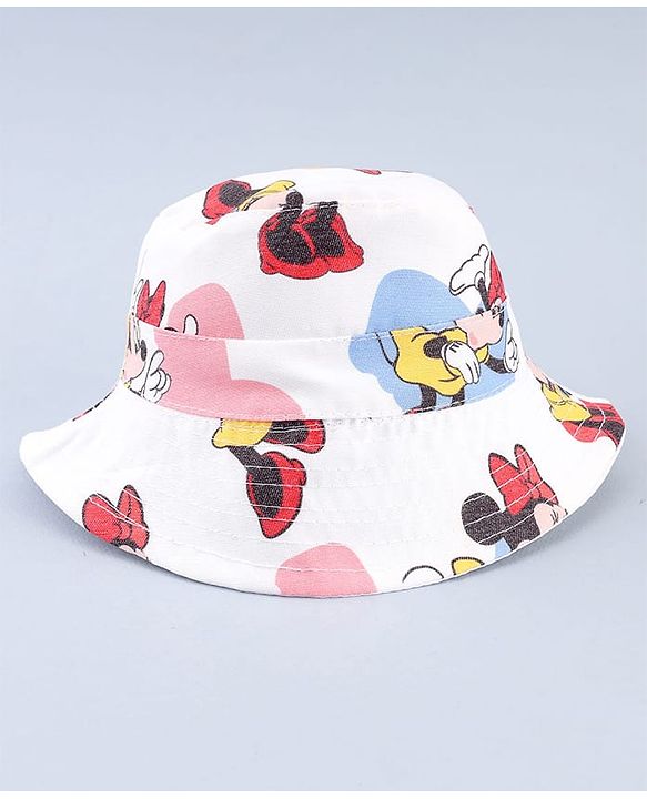 Babyhug Disney Cotton Woven Summer Cap with Minnie Mouse Print White - Diameter 23 cm
