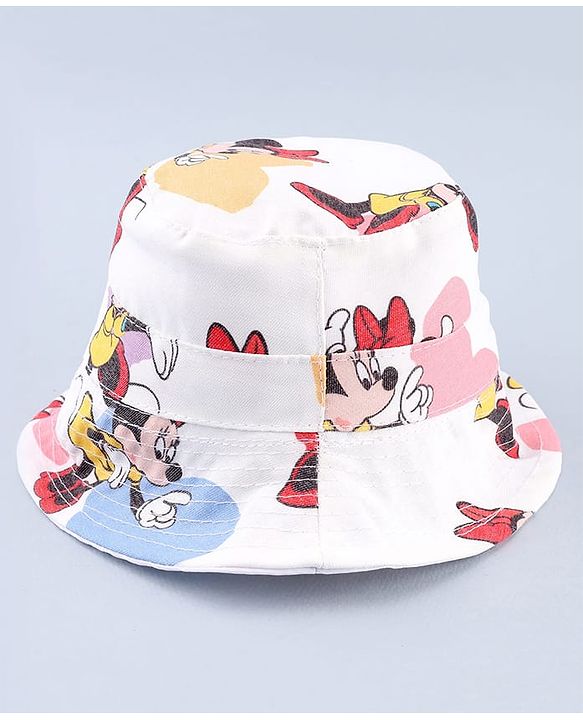 Babyhug Disney Cotton Woven Summer Cap with Minnie Mouse Print White - Diameter 23 cm