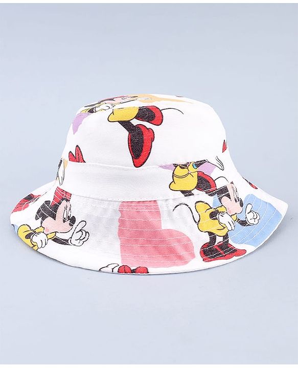 Babyhug Disney Cotton Woven Summer Cap with Minnie Mouse Print White - Diameter 23 cm