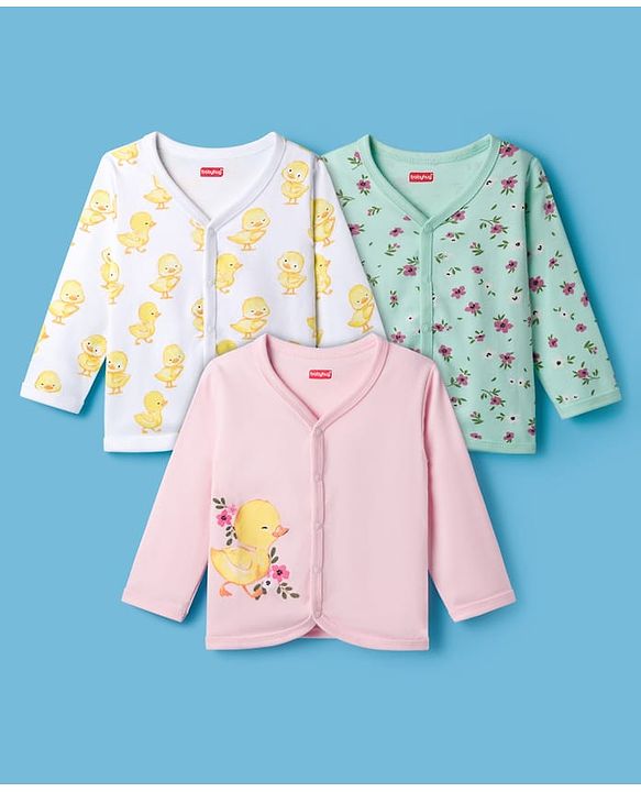 Babyhug 100% Cotton Knit Full Sleeves Front Open Jhablas with Duck & Floral Print Pack of 3 - White Pink & Sea Green