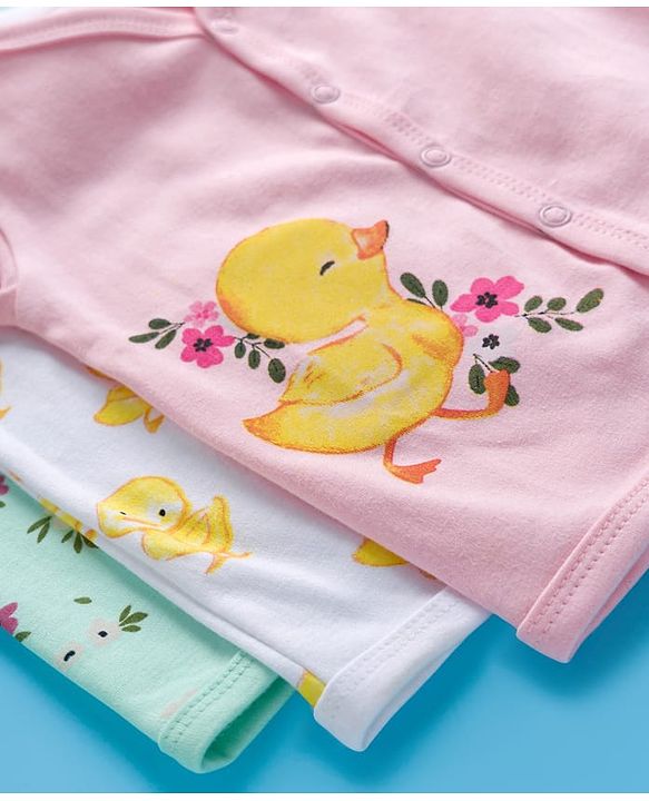 Babyhug 100% Cotton Knit Full Sleeves Front Open Jhablas with Duck & Floral Print Pack of 3 - White Pink & Sea Green