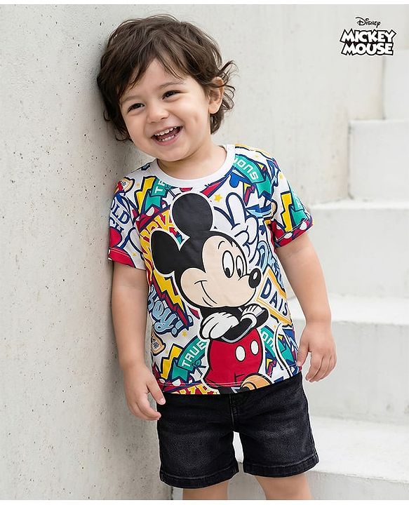 Babyhug Disney Single Jersey Knit Half Sleeves T-Shirt with Mickey Mouse Print - Multicolor