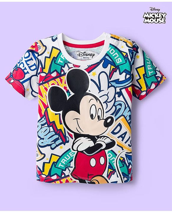 Babyhug Disney Single Jersey Knit Half Sleeves T-Shirt with Mickey Mouse Print - Multicolor