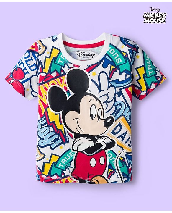 Babyhug Disney Single Jersey Knit Half Sleeves T-Shirt with Mickey Mouse Print - Multicolor