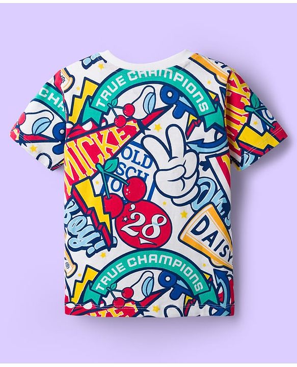 Babyhug Disney Single Jersey Knit Half Sleeves T-Shirt with Mickey Mouse Print - Multicolor
