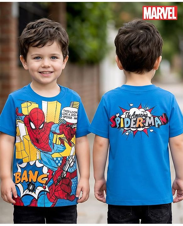 Babyhug Marvel Single Jersey Knit Half Sleeves T-Shirt With Spider-Man Graphics - Blue