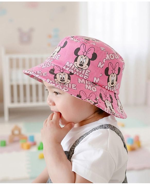 Babyhug Disney Cotton Woven Summer Cap with Minnie Mouse Print Pink - Diameter 21 cm