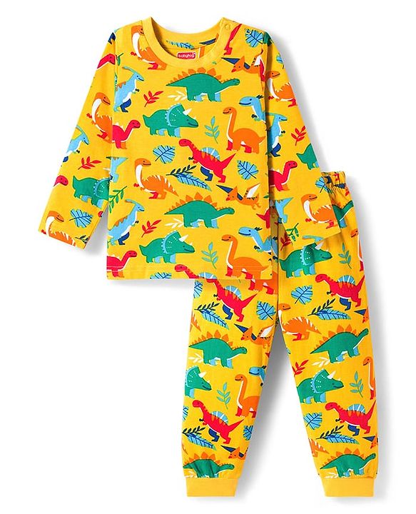 Babyhug Cotton Knit Full Sleeves Co-ords Night Suit with Dino Print - Yellow