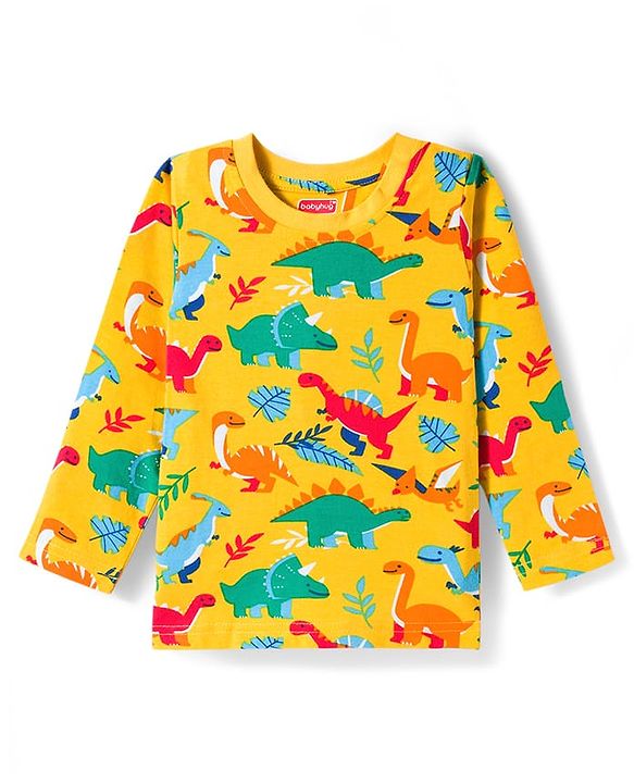 Babyhug Cotton Knit Full Sleeves Co-ords Night Suit with Dino Print - Yellow
