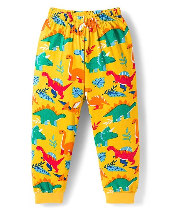 Babyhug Cotton Knit Full Sleeves Co-ords Night Suit with Dino Print - Yellow