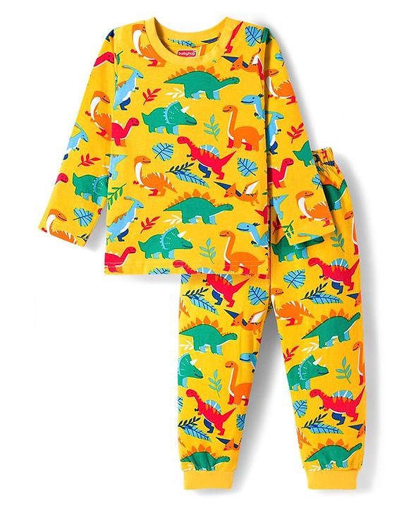 Babyhug Cotton Knit Full Sleeves Co-ords Night Suit with Dino Print - Yellow