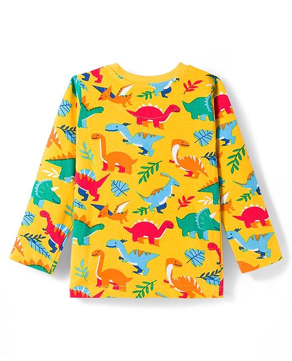 Babyhug Cotton Knit Full Sleeves Co-ords Night Suit with Dino Print - Yellow