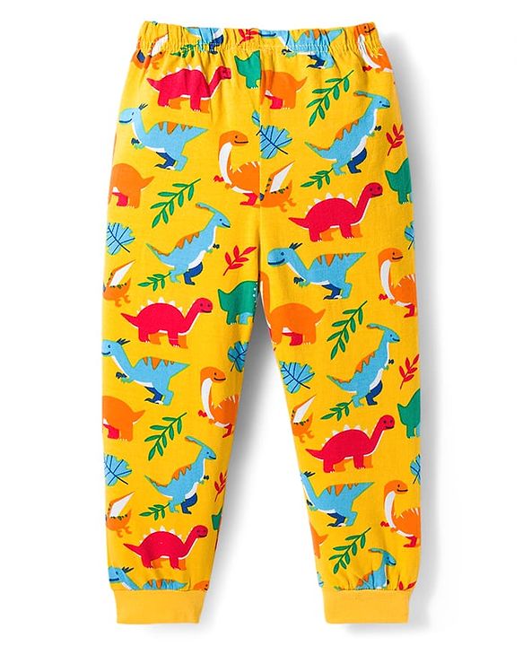 Babyhug Cotton Knit Full Sleeves Co-ords Night Suit with Dino Print - Yellow