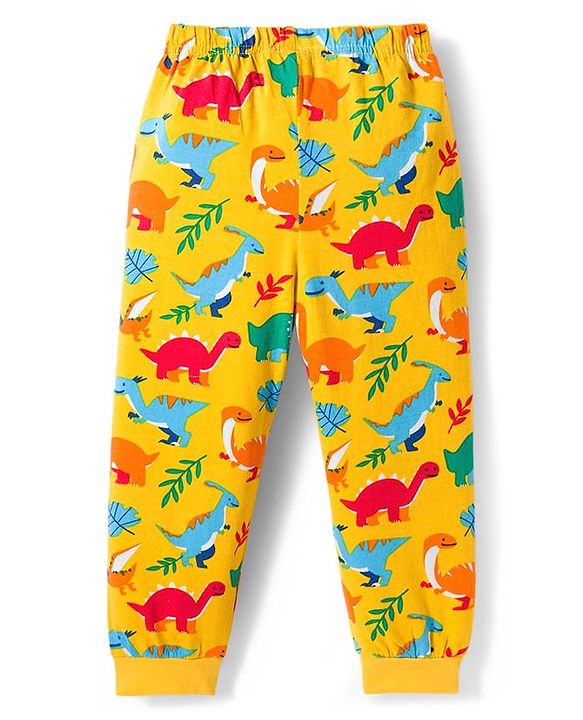 Babyhug Cotton Knit Full Sleeves Co-ords Night Suit with Dino Print - Yellow