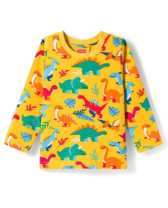Babyhug Cotton Knit Full Sleeves Co-ords Night Suit with Dino Print - Yellow