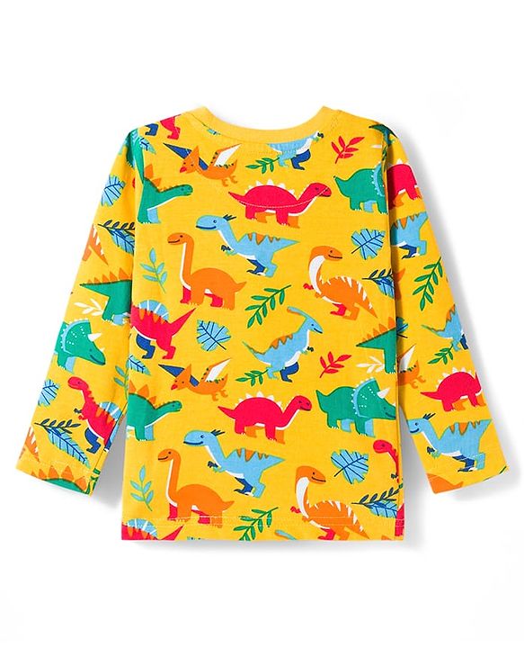 Babyhug Cotton Knit Full Sleeves Co-ords Night Suit with Dino Print - Yellow