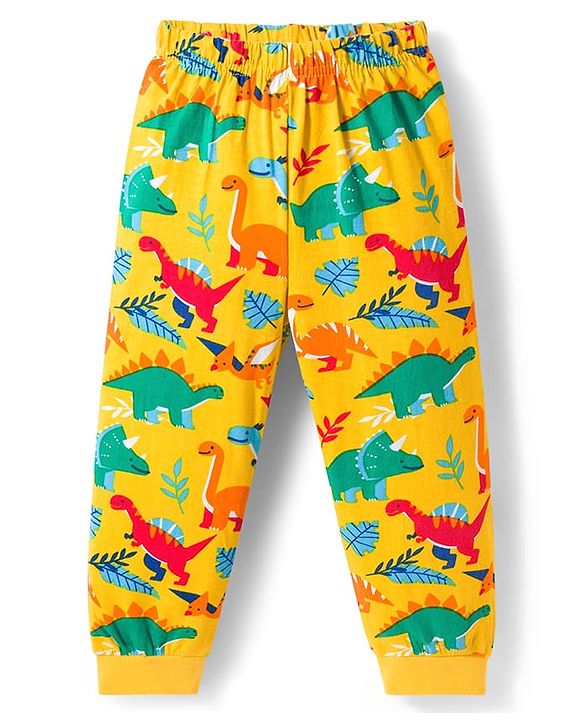 Babyhug Cotton Knit Full Sleeves Co-ords Night Suit with Dino Print - Yellow
