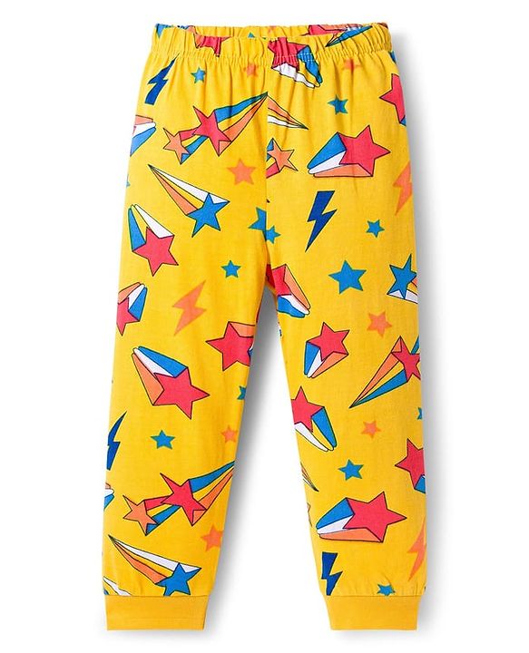 Babyhug Cotton Knit Full Sleeves Co-ords Night Suit with Star Print - Yellow