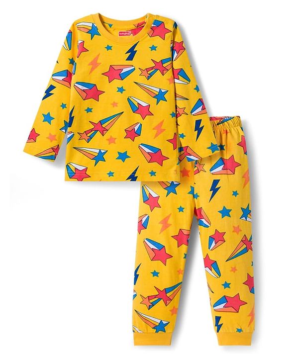Babyhug Cotton Knit Full Sleeves Co-ords Night Suit with Star Print - Yellow