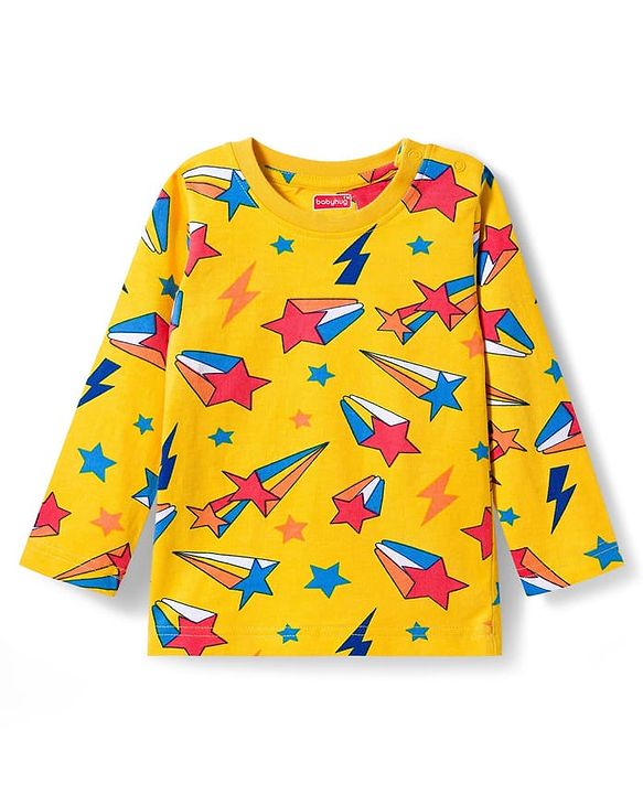 Babyhug Cotton Knit Full Sleeves Co-ords Night Suit with Star Print - Yellow
