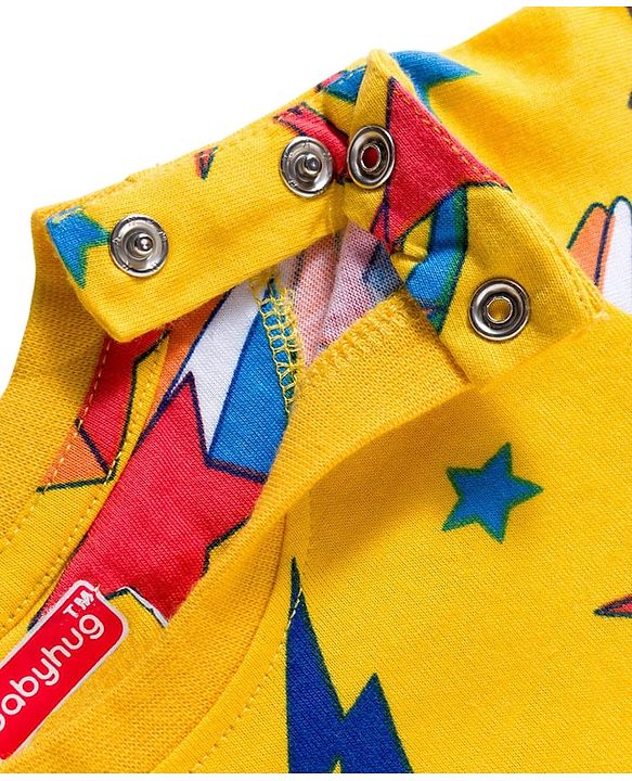 Babyhug Cotton Knit Full Sleeves Co-ords Night Suit with Star Print - Yellow