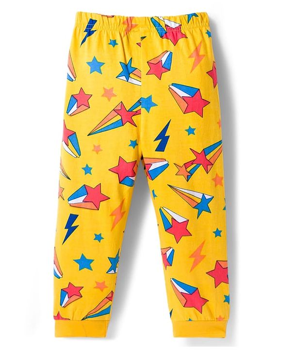 Babyhug Cotton Knit Full Sleeves Co-ords Night Suit with Star Print - Yellow