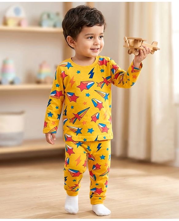 Babyhug Cotton Knit Full Sleeves Co-ords Night Suit with Star Print - Yellow