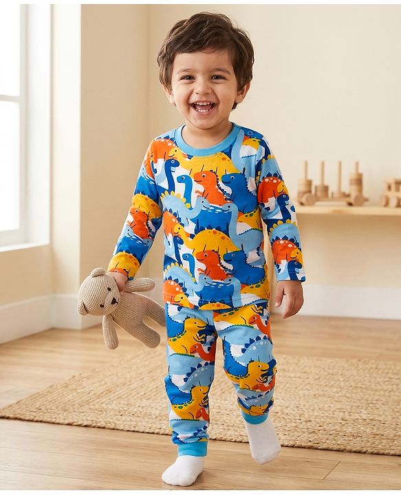 Babyhug Cotton Knit Full Sleeves Co-ords Night Suit With Dino Print - Blue