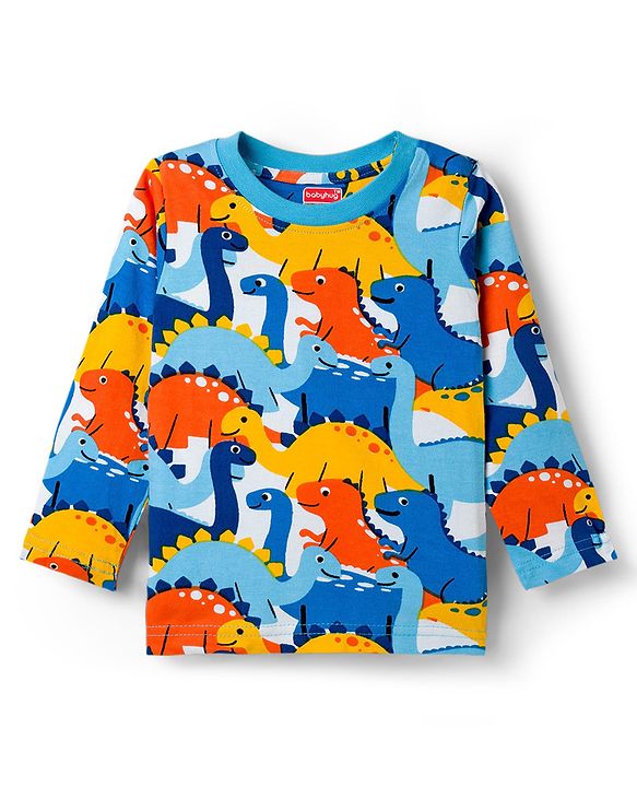Babyhug Cotton Knit Full Sleeves Co-ords Night Suit With Dino Print - Blue