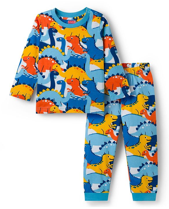 Babyhug Cotton Knit Full Sleeves Co-ords Night Suit With Dino Print - Blue