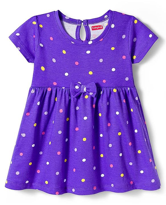 Babyhug Single Jersey Knit Half Sleeves Polka Dot & Heart Printed Frocks with Bow Applique Pack of 2 - Yellow & Purple