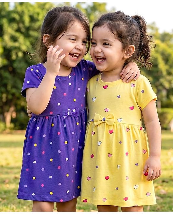 Babyhug Single Jersey Knit Half Sleeves Polka Dot & Heart Printed Frocks with Bow Applique Pack of 2 - Yellow & Purple