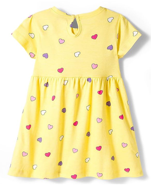 Babyhug Single Jersey Knit Half Sleeves Polka Dot & Heart Printed Frocks with Bow Applique Pack of 2 - Yellow & Purple