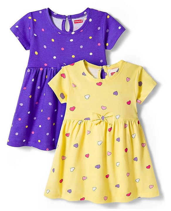 Babyhug Single Jersey Knit Half Sleeves Polka Dot & Heart Printed Frocks with Bow Applique Pack of 2 - Yellow & Purple