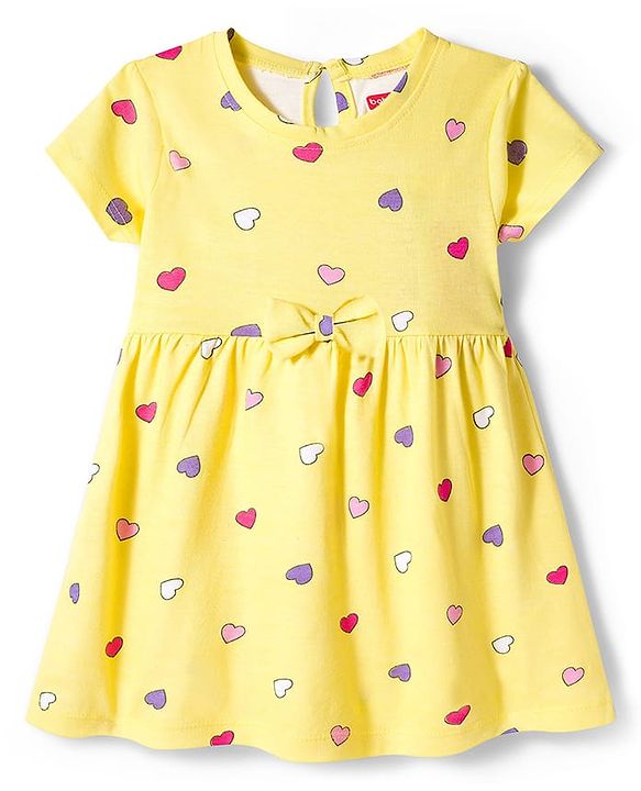 Babyhug Single Jersey Knit Half Sleeves Polka Dot & Heart Printed Frocks with Bow Applique Pack of 2 - Yellow & Purple