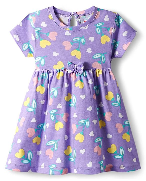 Babyhug Single Jersey Knit Half Sleeves Floral Heart & Print Printed Frocks with Bow Applique Pack of 2 - Yellow & Lilac