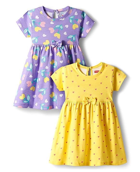 Babyhug Single Jersey Knit Half Sleeves Floral Heart & Print Printed Frocks with Bow Applique Pack of 2 - Yellow & Lilac