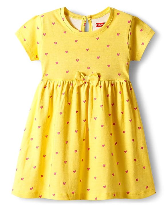 Babyhug Single Jersey Knit Half Sleeves Floral Heart & Print Printed Frocks with Bow Applique Pack of 2 - Yellow & Lilac