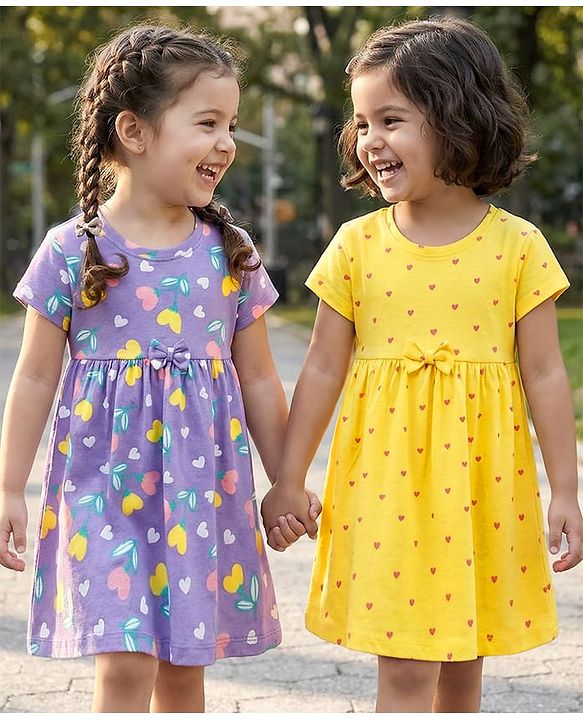 Babyhug Single Jersey Knit Half Sleeves Floral Heart & Print Printed Frocks with Bow Applique Pack of 2 - Yellow & Lilac
