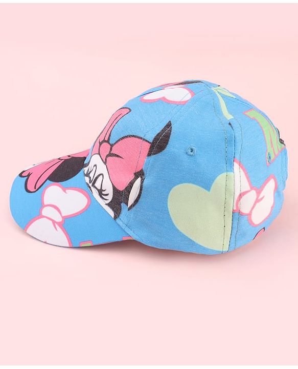 Babyhug Disney Cotton Woven Summer Cap with Minnie Mouse Print Blue - Diameter 17 cm