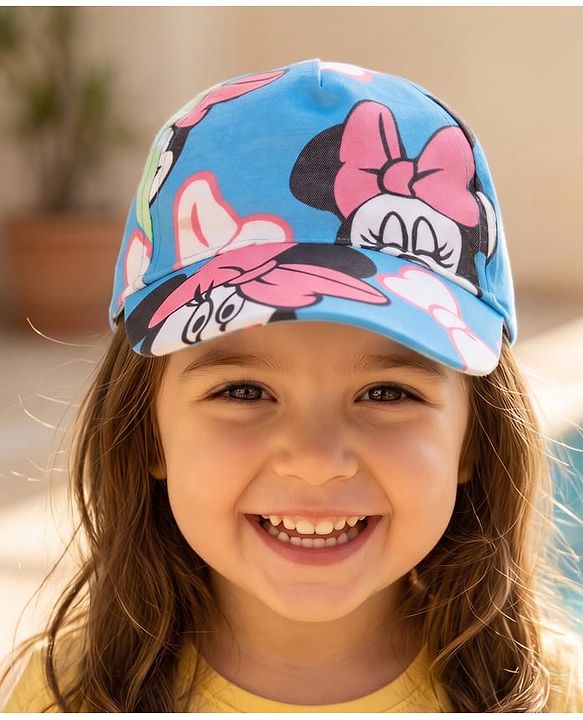 Babyhug Disney Cotton Woven Summer Cap with Minnie Mouse Print Blue - Diameter 17 cm