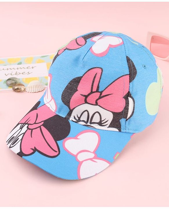 Babyhug Disney Cotton Woven Summer Cap with Minnie Mouse Print Blue - Diameter 17 cm