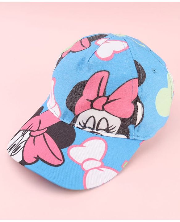 Babyhug Disney Cotton Woven Summer Cap with Minnie Mouse Print Blue - Diameter 17 cm
