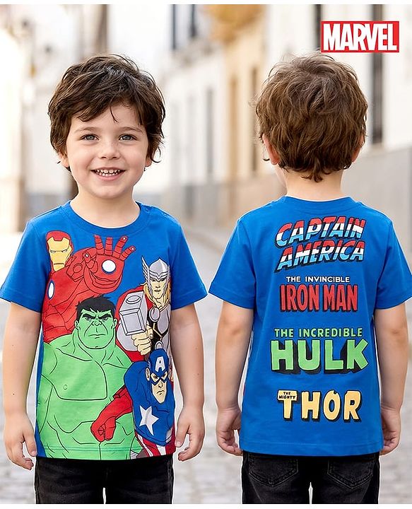 Babyhug Marvel Single Jersey Knit Half Sleeves T-Shirt with Avengers Graphic - Blue