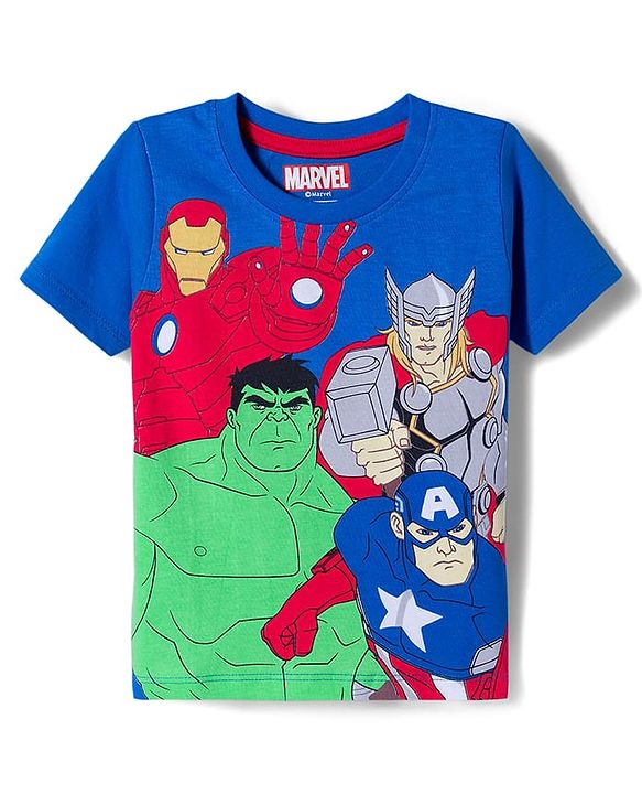 Babyhug Marvel Single Jersey Knit Half Sleeves T-Shirt with Avengers Graphic - Blue
