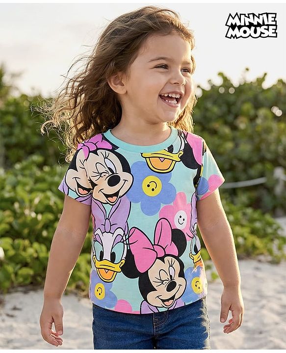 Babyhug Disney Single Jersey Knit Half Sleeves T-Shirt with Minnie Mouse & Daisy Print - Light Blue