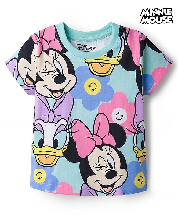 Babyhug Disney Single Jersey Knit Half Sleeves T-Shirt with Minnie Mouse & Daisy Print - Light Blue